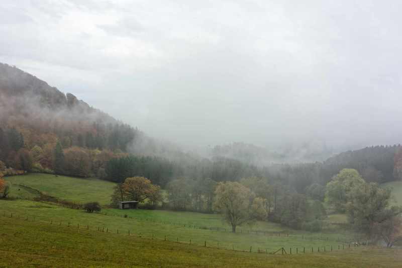 Das Ronsfeld bei Elkeringhausen mit tiefen Wolken, Herbst im Hochsauerland