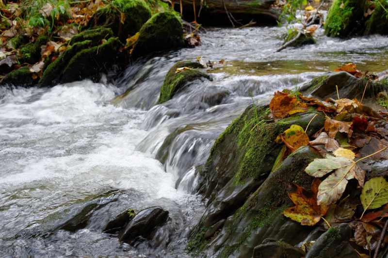 Wasserfall an der Orke mit Moos und bunten Blättern, Herbst im Sauerland
